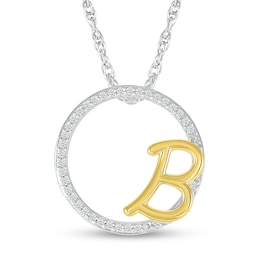 1/10 CT. T.W. Diamond Circle with "B" Initial Pendant in Sterling Silver and 10K Gold