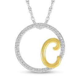 1/10 CT. T.W. Diamond Circle with "C" Initial Pendant in Sterling Silver and 10K Gold