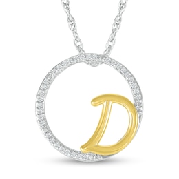 1/10 CT. T.W. Diamond Circle with "D" Initial Pendant in Sterling Silver and 10K Gold