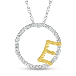 1/10 CT. T.W. Diamond Circle with "E" Initial Pendant in Sterling Silver and 10K Gold
