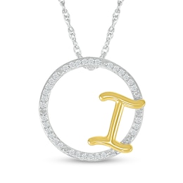 1/10 CT. T.W. Diamond Circle with "I" Initial Pendant in Sterling Silver and 10K Gold