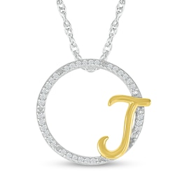 1/10 CT. T.W. Diamond Circle with "J" Initial Pendant in Sterling Silver and 10K Gold