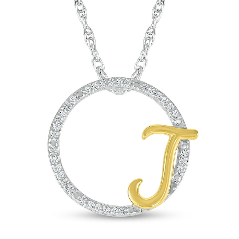 Main Image 1 of 1/10 CT. T.W. Diamond Circle with "J" Initial Pendant in Sterling Silver and 10K Gold