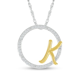 1/10 CT. T.W. Diamond Circle with "K" Initial Pendant in Sterling Silver and 10K Gold