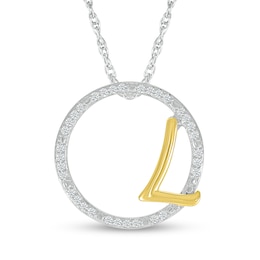 1/10 CT. T.W. Diamond Circle with "L" Initial Pendant in Sterling Silver and 10K Gold