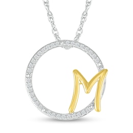 1/10 CT. T.W. Diamond Circle with "M" Initial Pendant in Sterling Silver and 10K Gold