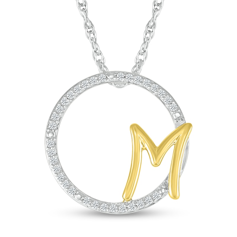 Main Image 1 of 1/10 CT. T.W. Diamond Circle with "M" Initial Pendant in Sterling Silver and 10K Gold