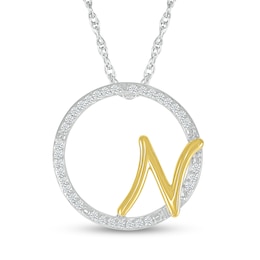 1/10 CT. T.W. Diamond Circle with "N" Initial Pendant in Sterling Silver and 10K Gold