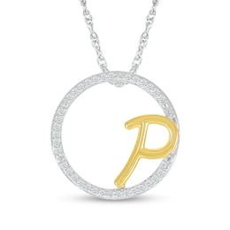 1/10 CT. T.W. Diamond Circle with "P" Initial Pendant in Sterling Silver and 10K Gold
