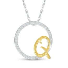 1/10 CT. T.W. Diamond Circle with "Q" Initial Pendant in Sterling Silver and 10K Gold