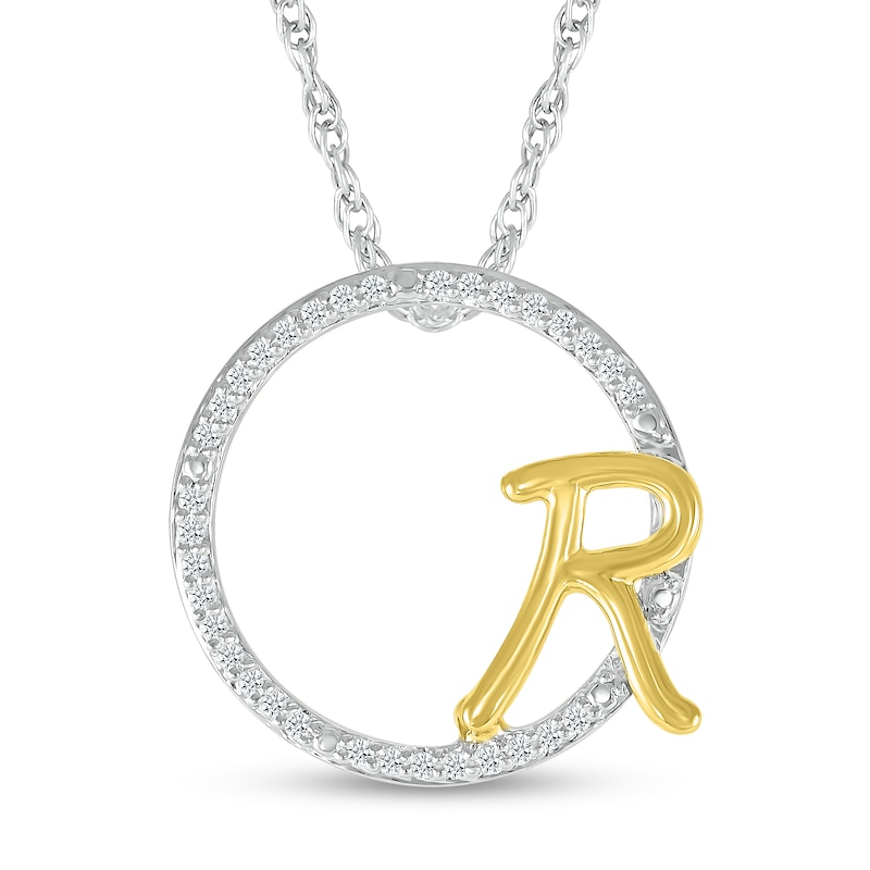 Main Image 1 of 1/10 CT. T.W. Diamond Circle with "R" Initial Pendant in Sterling Silver and 10K Gold