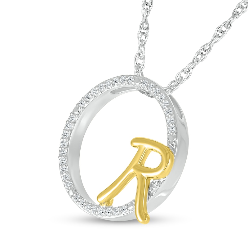 Main Image 2 of 1/10 CT. T.W. Diamond Circle with "R" Initial Pendant in Sterling Silver and 10K Gold