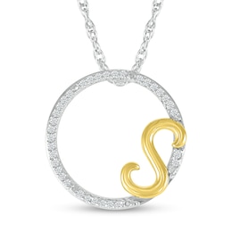 1/10 CT. T.W. Diamond Circle with "S" Initial Pendant in Sterling Silver and 10K Gold