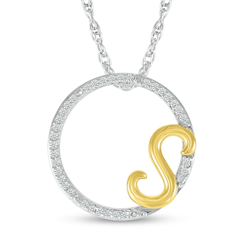 Main Image 1 of 1/10 CT. T.W. Diamond Circle with "S" Initial Pendant in Sterling Silver and 10K Gold