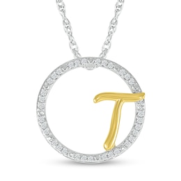 1/10 CT. T.W. Diamond Circle with "T" Initial Pendant in Sterling Silver and 10K Gold