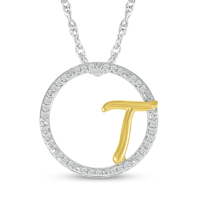 Main Image 1 of 1/10 CT. T.W. Diamond Circle with "T" Initial Pendant in Sterling Silver and 10K Gold