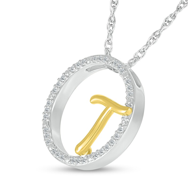 Main Image 2 of 1/10 CT. T.W. Diamond Circle with "T" Initial Pendant in Sterling Silver and 10K Gold