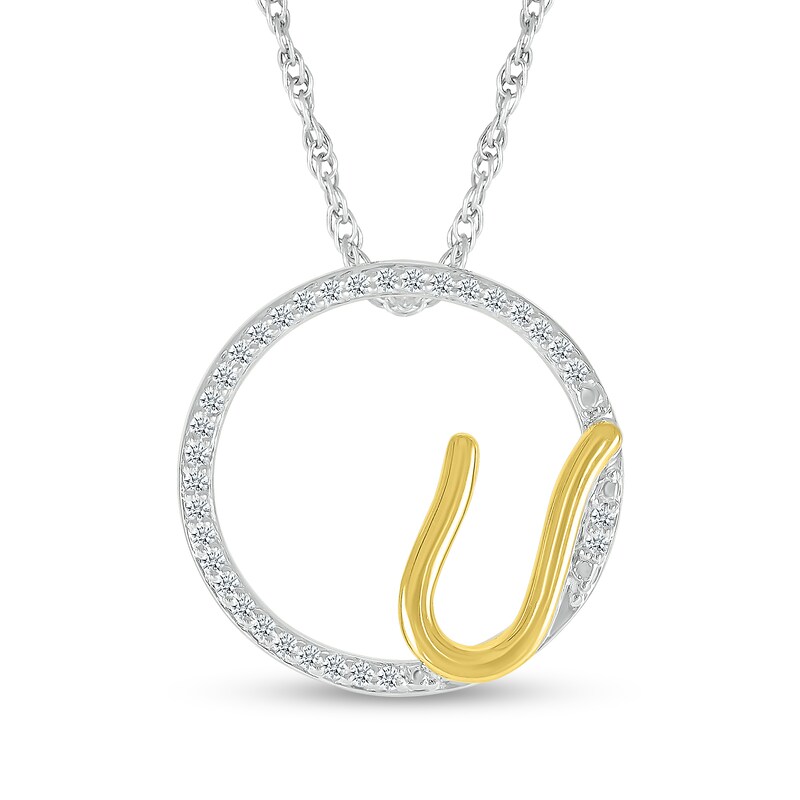 Main Image 1 of 1/10 CT. T.W. Diamond Circle with "U" Initial Pendant in Sterling Silver and 10K Gold