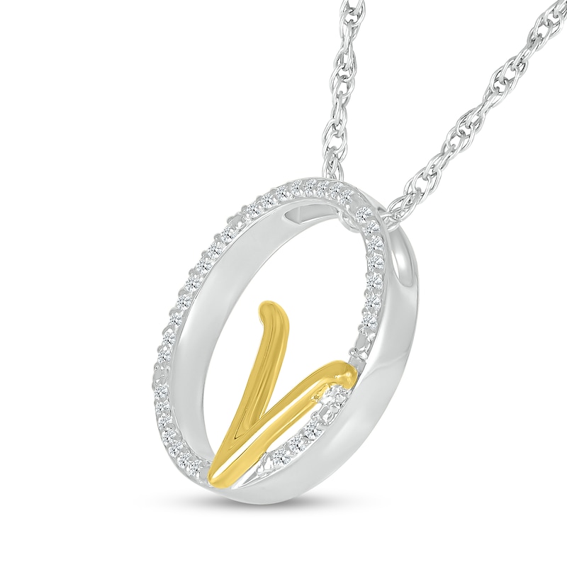 Main Image 2 of 1/10 CT. T.W. Diamond Circle with "V" Initial Pendant in Sterling Silver and 10K Gold