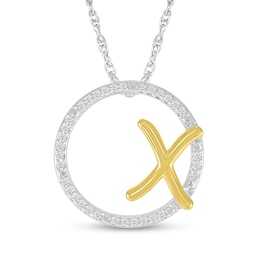 1/10 CT. T.W. Diamond Circle with "X" Initial Pendant in Sterling Silver and 10K Gold