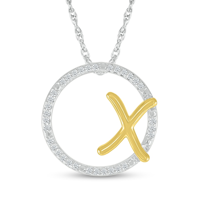 Main Image 1 of 1/10 CT. T.W. Diamond Circle with "X" Initial Pendant in Sterling Silver and 10K Gold