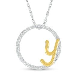 1/10 CT. T.W. Diamond Circle with "Y" Initial Pendant in Sterling Silver and 10K Gold