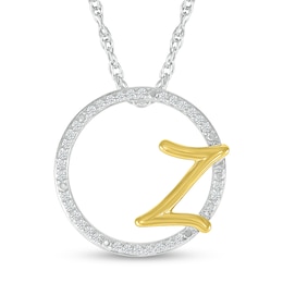 1/10 CT. T.W. Diamond Circle with "Z" Initial Pendant in Sterling Silver and 10K Gold