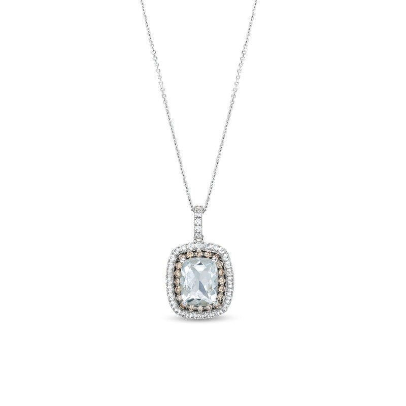 Main Image 1 of Elongated Cushion-Cut Aquamarine, White Lab-Created Sapphire and 1/5 CT. T.W. Diamond Frame Pendant in 14K White Gold