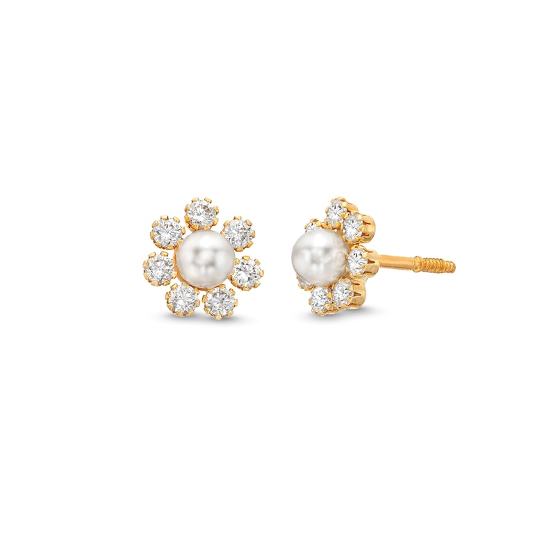 Child's Cultured Freshwater Pearl and Cubic Zirconia Flower Stud Earrings in 14K Gold