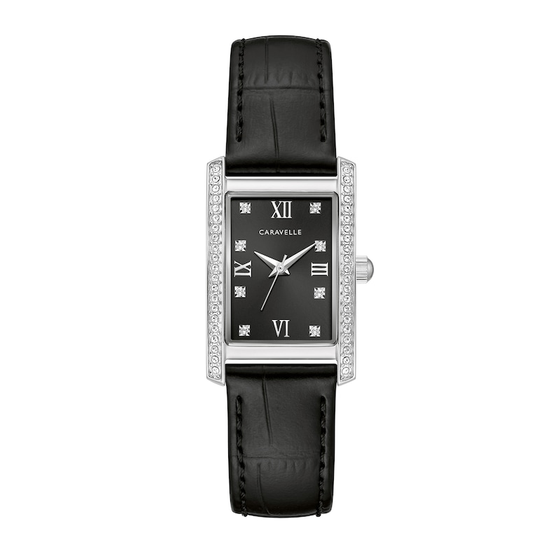 Main Image 1 of Ladies' Caravelle by Bulova Crystal Accent Black Leather Strap Watch with Rectangular Black Dial (Model: 43L222)