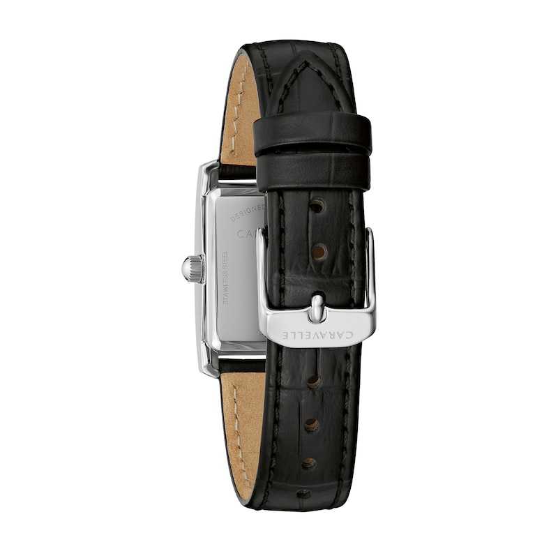 Main Image 3 of Ladies' Caravelle by Bulova Crystal Accent Black Leather Strap Watch with Rectangular Black Dial (Model: 43L222)