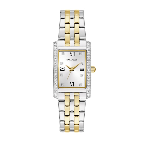 Ladies' Caravelle by Bulova Crystal Accent Two-Tone Watch with Rectangular Dial (Model: 45L191)