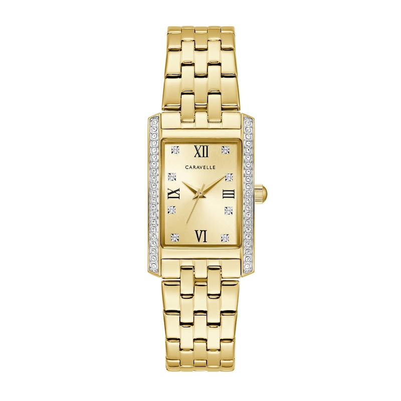 Main Image 1 of Ladies' Caravelle by Bulova Crystal Accent Gold-Tone Watch with Rectangular Champagne Dial (Model:45L192)