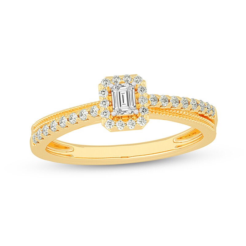 3/8 CT. T.W. Emerald-Cut Diamond Criss-Cross Vintage-Style Engagement Ring in 14K Gold