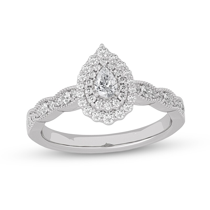 Main Image 1 of 1/2 CT. T.W. Pear-Shaped Diamond Scallop Frame Vintage-Style Engagement Ring in 14K White Gold