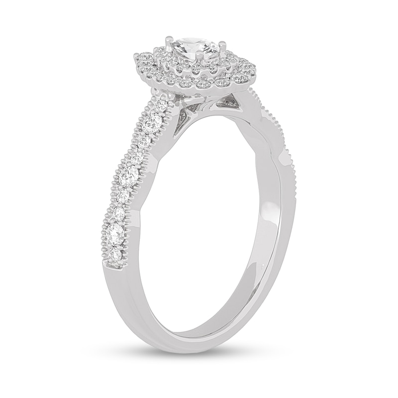 Main Image 2 of 1/2 CT. T.W. Pear-Shaped Diamond Scallop Frame Vintage-Style Engagement Ring in 14K White Gold