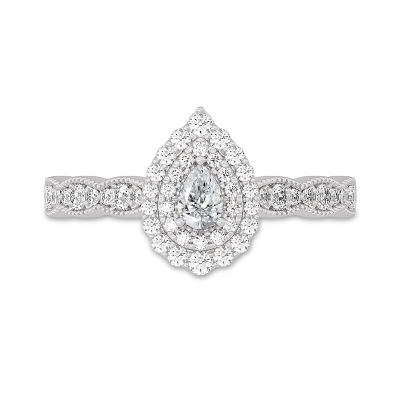 Main Image 3 of 1/2 CT. T.W. Pear-Shaped Diamond Scallop Frame Vintage-Style Engagement Ring in 14K White Gold