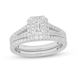 1/2 CT. T.W. Emerald-Cut Diamond Double Frame Split Shank Bridal Set in 14K White Gold