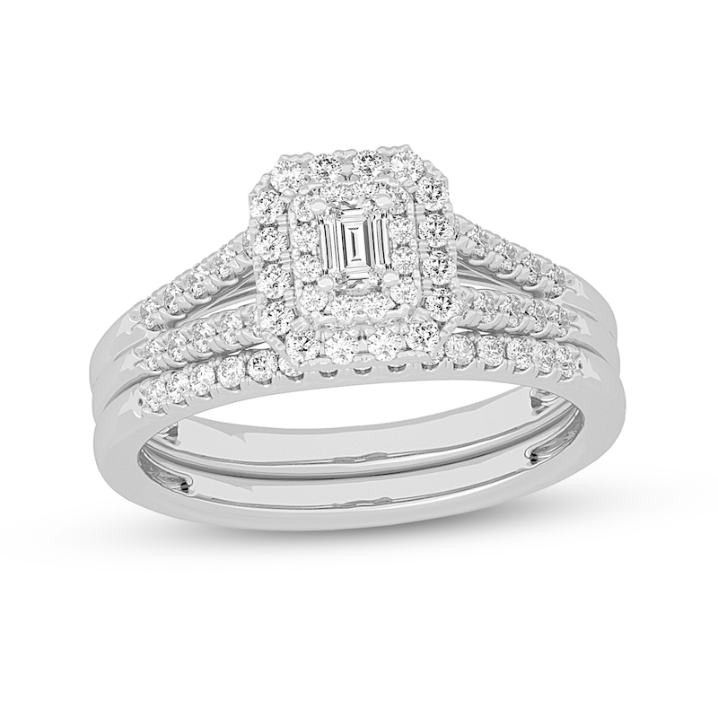 Main Image 1 of 1/2 CT. T.W. Emerald-Cut Diamond Double Frame Split Shank Bridal Set in 14K White Gold