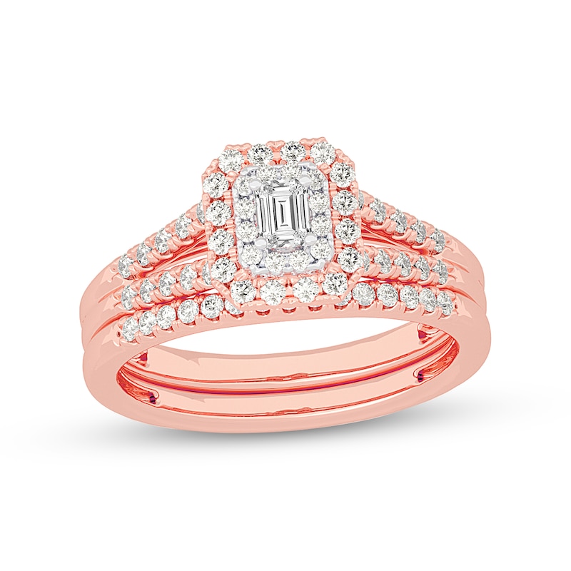 Main Image 1 of 1/2 CT. T.W. Emerald-Cut Diamond Double Frame Split Shank Bridal Set in 14K Rose Gold