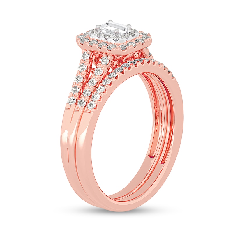 Main Image 2 of 1/2 CT. T.W. Emerald-Cut Diamond Double Frame Split Shank Bridal Set in 14K Rose Gold