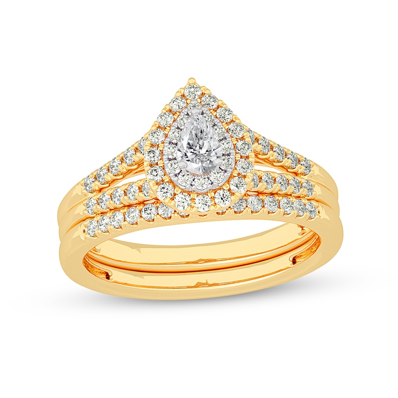 Main Image 1 of 1/2 CT. T.W. Pear-Shaped Diamond Double Frame Split Shank Bridal Set in 14K Gold