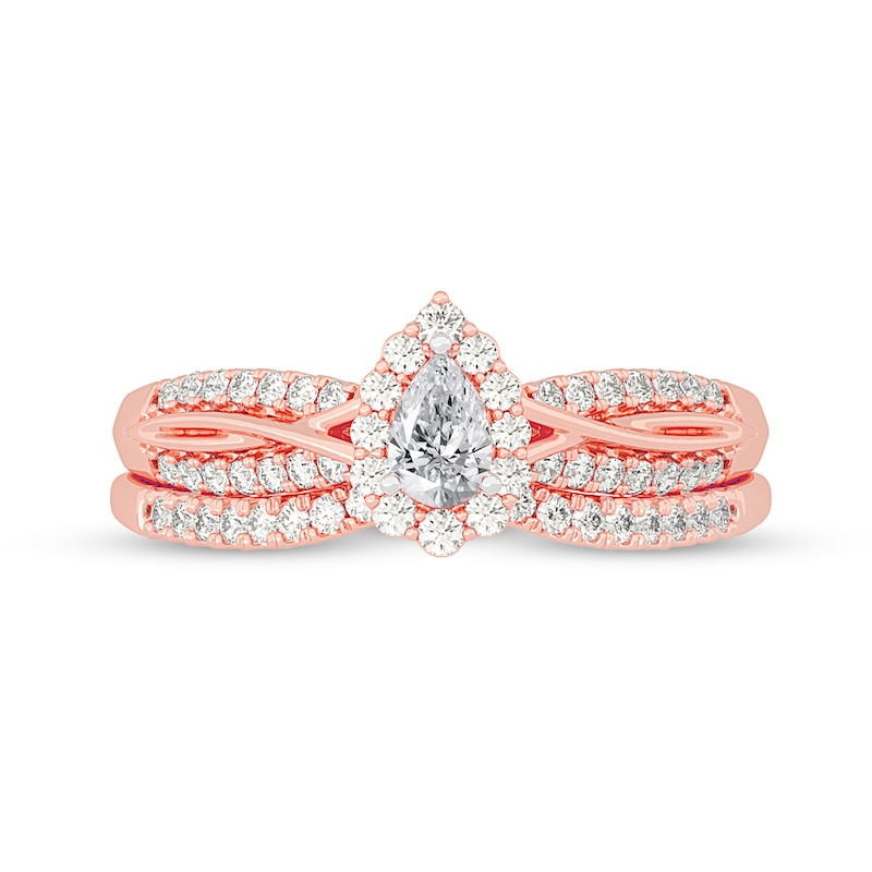 Main Image 3 of 1/2 CT. T.W. Pear-Shaped Diamond Frame Overlay Bridal Set in 14K Rose Gold