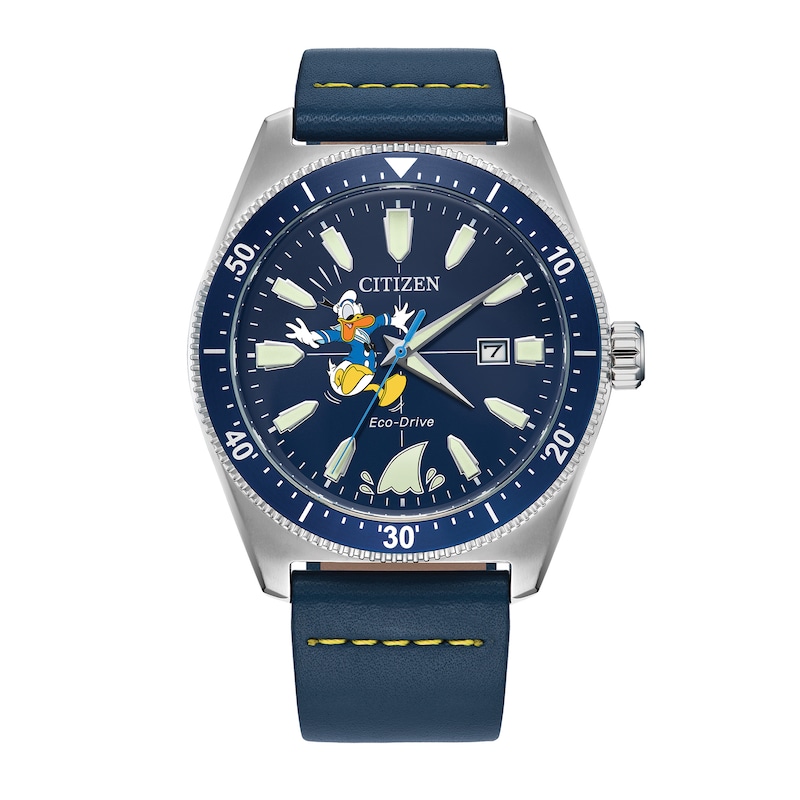 Main Image 1 of Citizen Eco-Drive® Disney Donald Duck with Shark Blue Leather Strap Watch with Blue Dial (Model: AW1790-05W)