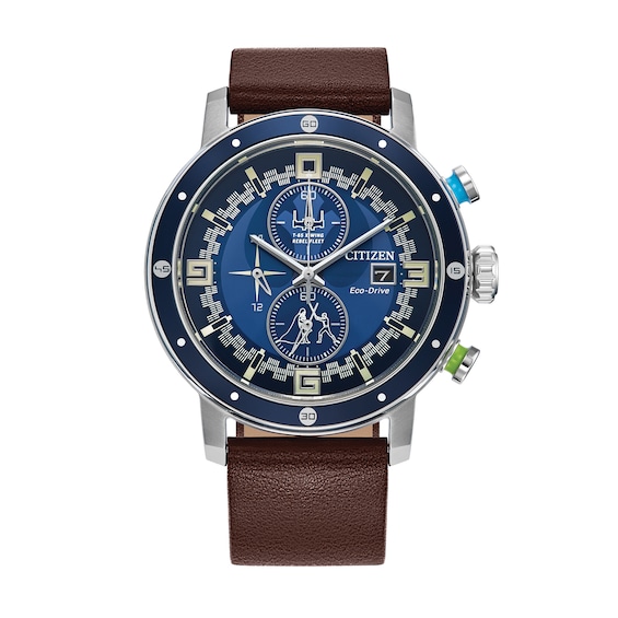 Men's Citizen Eco-Drive® Star Wars™ Luke Skywalker™ Brown Strap Chronograph Watch with Blue Dial (Model: CA0768-07W)