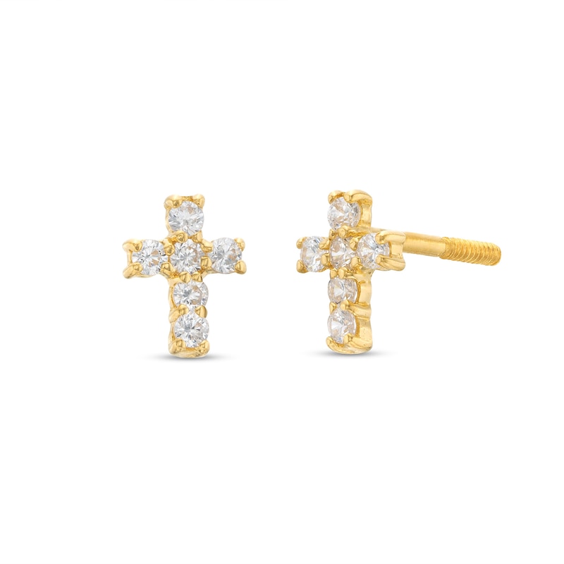 Main Image 1 of Child's Cubic Zirconia Cross Stud Earrings in 14K Gold