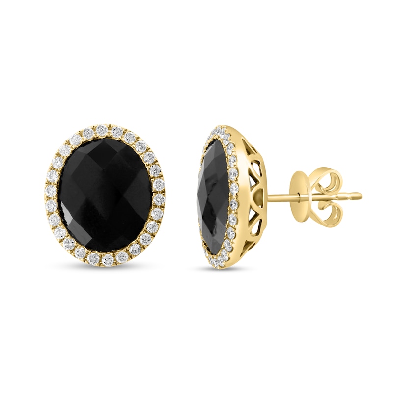 Main Image 1 of EFFY™ Collection Faceted Oval Onyx and 3/8 CT. T.W. Diamond Frame Stud Earrings in 14K Gold