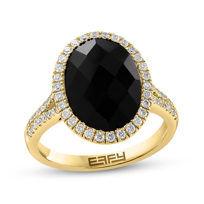 Main Image 1 of EFFY™ Collection Faceted Oval Onyx and 1/3 CT. T.W. Diamond Frame Ring in 14K Gold
