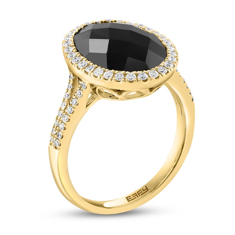 Main Image 3 of EFFY™ Collection Faceted Oval Onyx and 1/3 CT. T.W. Diamond Frame Ring in 14K Gold
