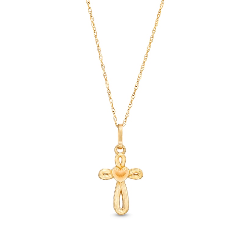 Main Image 1 of Child's Looping Cross with Heart Pendant in 14K Gold - 15"